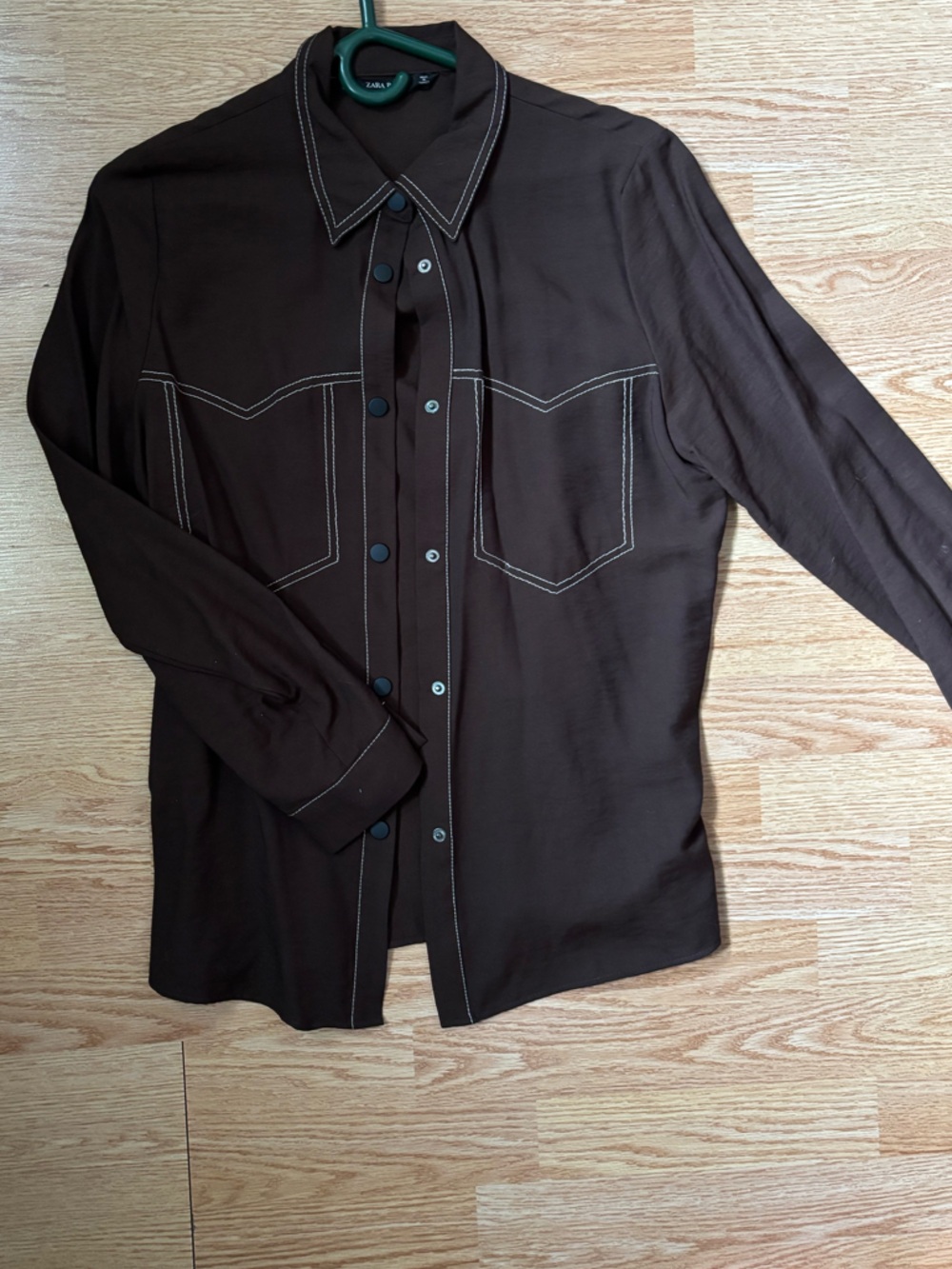 Zara Dark Brown Long Sleeve button up Shirt with Contrast Stitching